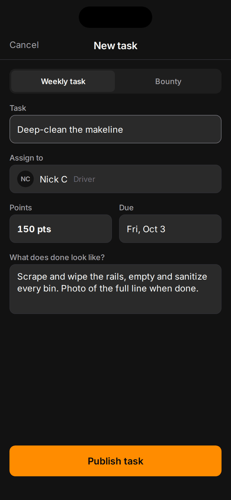 Manager filling in a new weekly task: deep-clean the makeline, assigned to Nick, 150 points, due Friday
