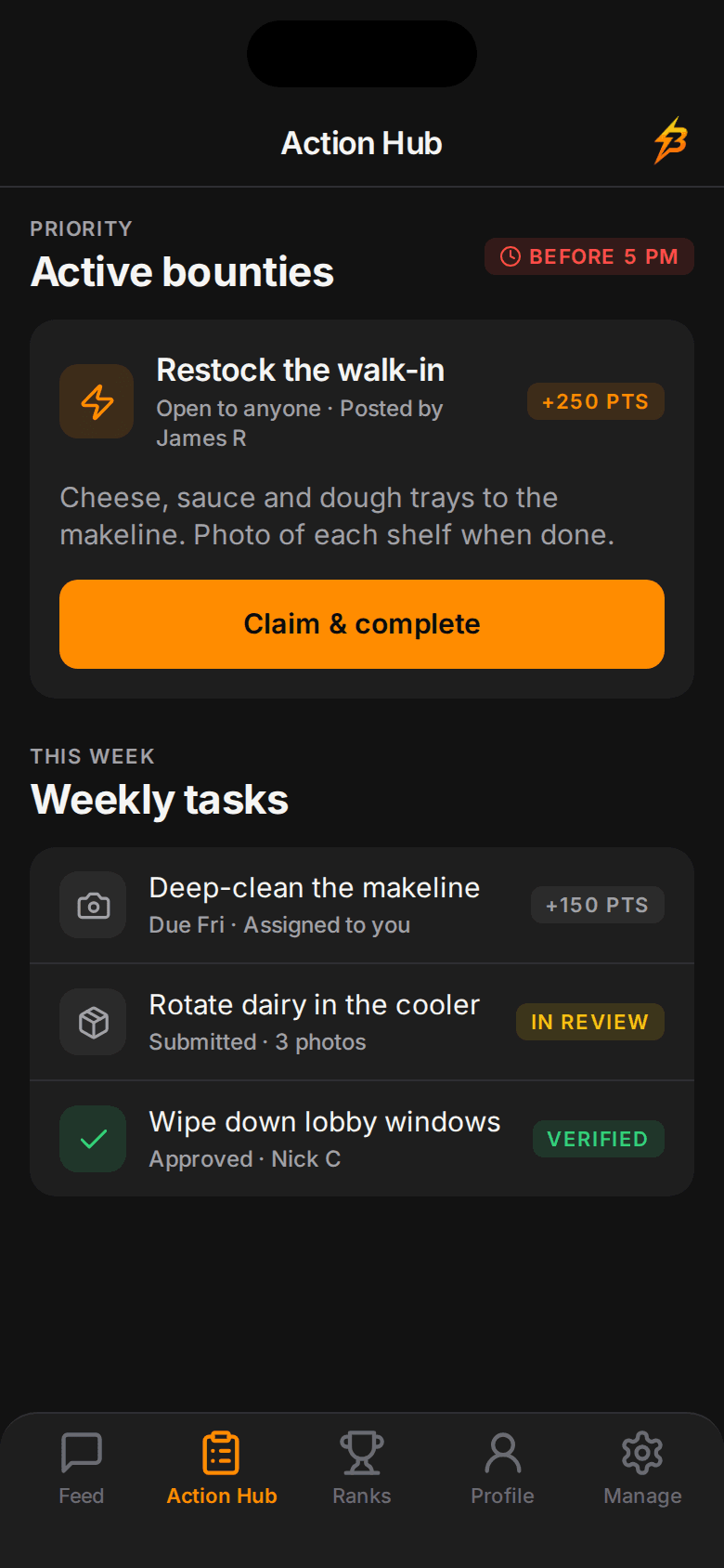 ShiftBolt Action Hub with an open bounty worth 250 points and this week's tasks