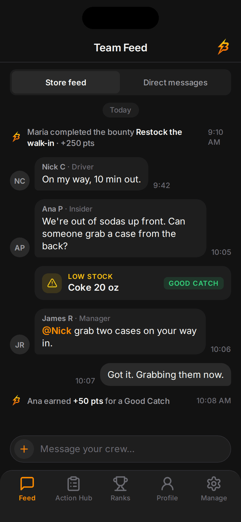 ShiftBolt Team Feed with crew messages and a low-stock alert